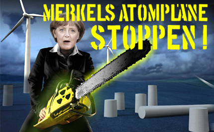 Merkel mit Atom-Kettensäge