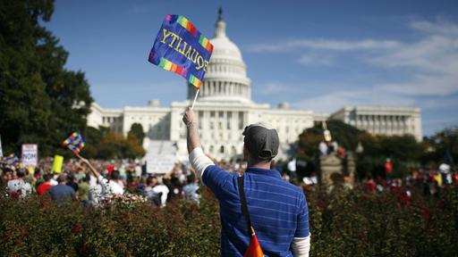 Fähnchenschwenkender Teilnehmer der Gay-Rights-Demonstration in Washington (Foto: REUTERS)