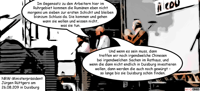 migomic_juergen_ruettgers_rede_rumaenen_chinesen_655x300 Jürgen Rüttgers während einer Wahlkampfrede in Duisburg - © MiGAZIN